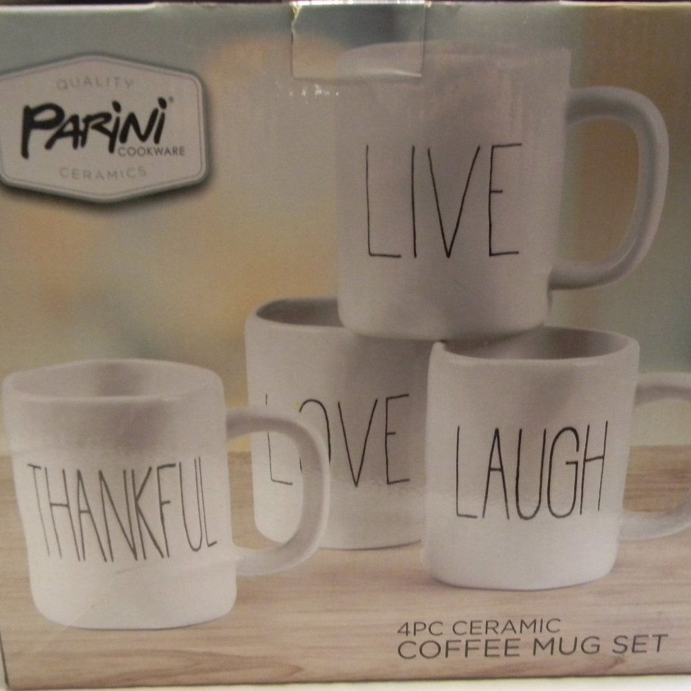 NEW Parini Cookware 4 Piece White Ceramic Coffee Mug Set Live, Laugh, Love...